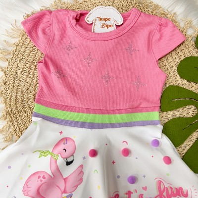  Vestido Flamingo com Pompons - Rosa e Branco